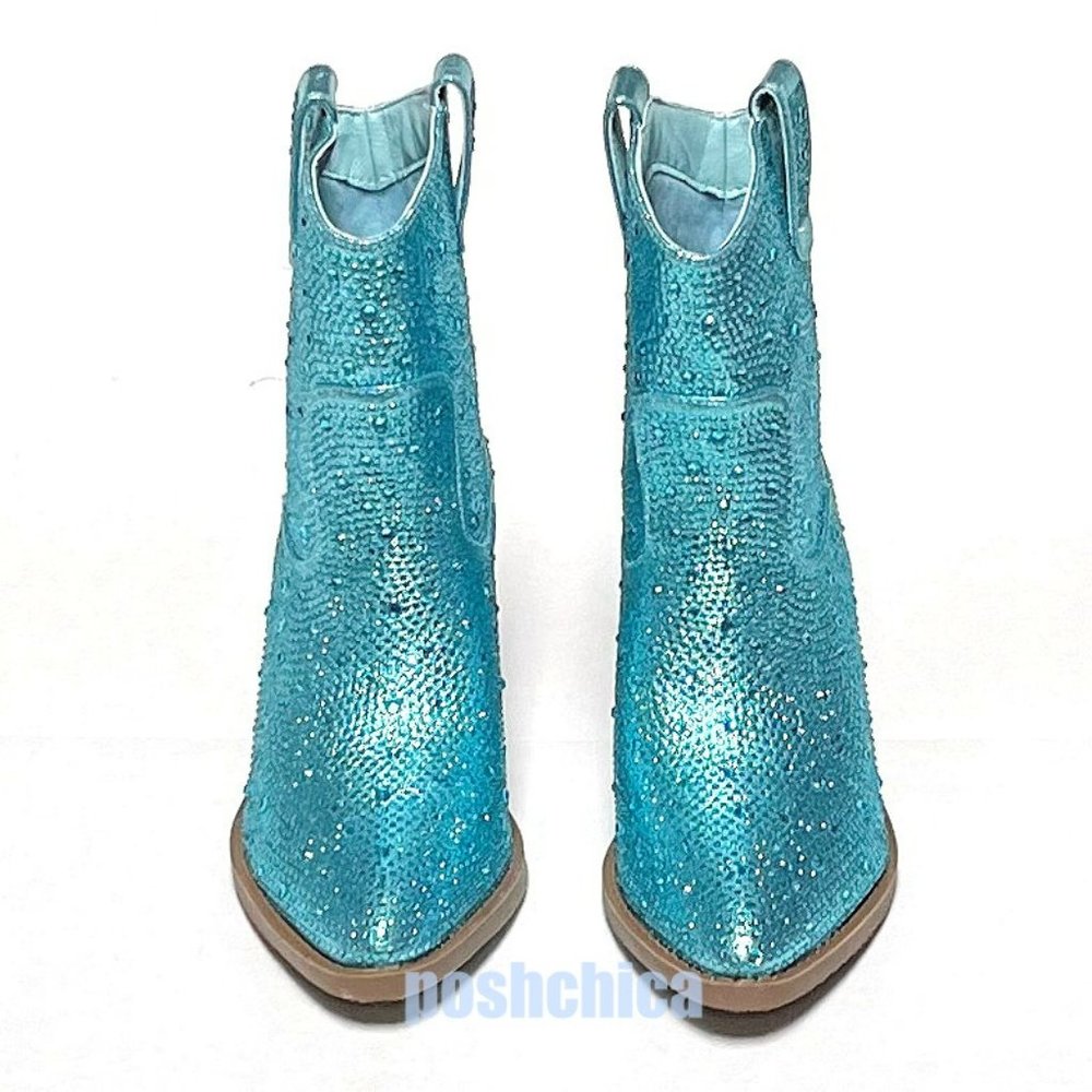 New Light Blue Rhinestone Blingy Western Cowboy Ankle Boots Booties - Picture 5 of 7